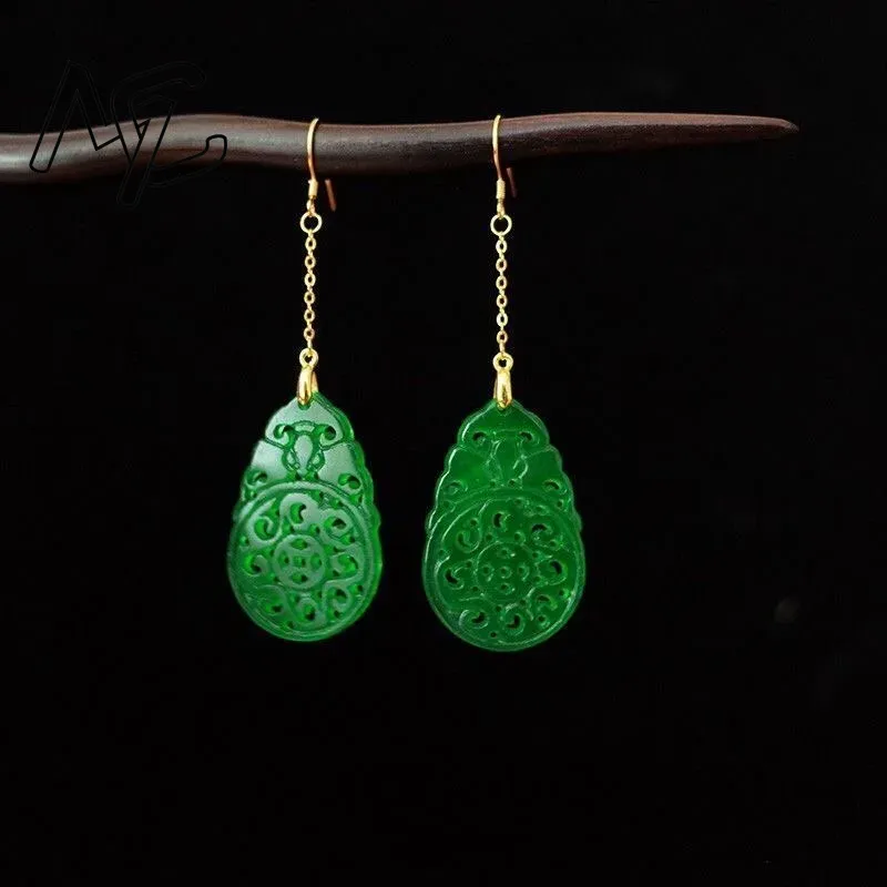 Women Fashion Jewellery - 925 Silver Natural Green Jade Hollow
