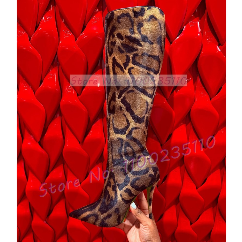 Women'S Fashion Leather Boots - Leopard Print Faux Horsehair Knee High