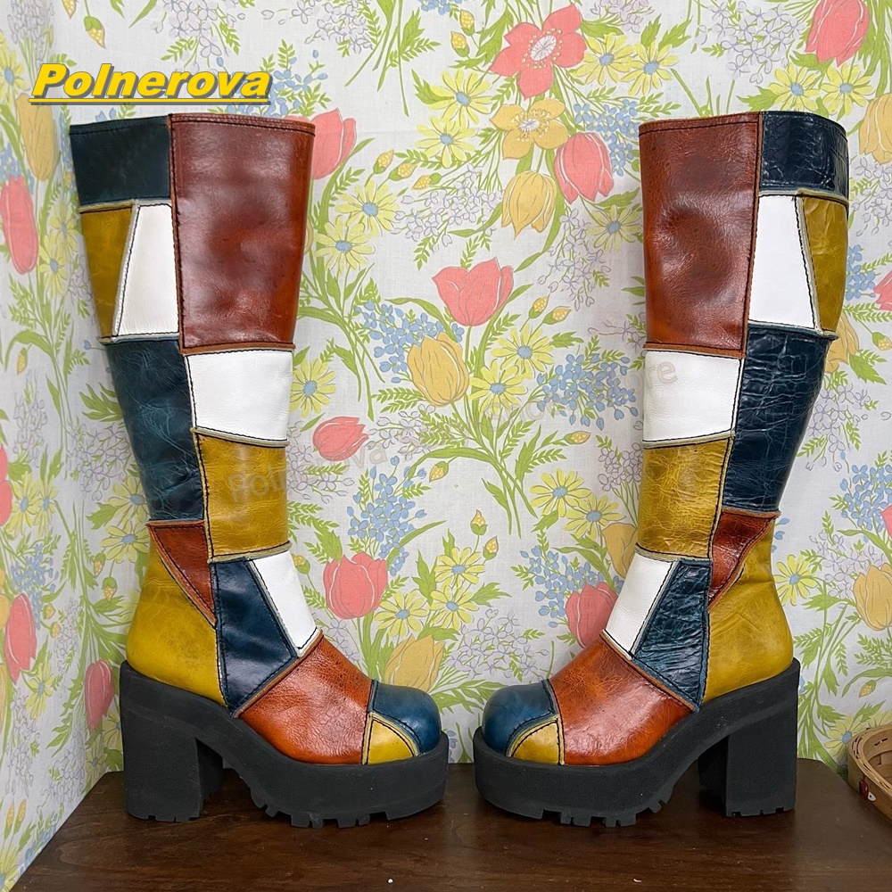 Women'S Fashion Leather Boots - Women Retro Patchwork Leather Knee High