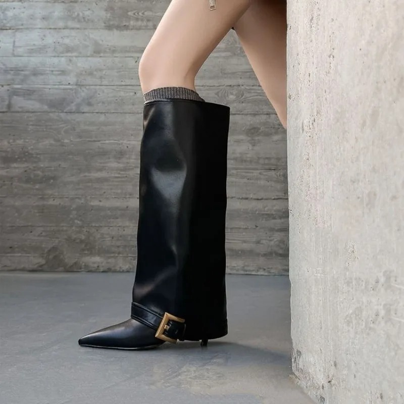 Women'S Fashion Leather Boots - Women's Knee-high Boots Classic Black Pointed