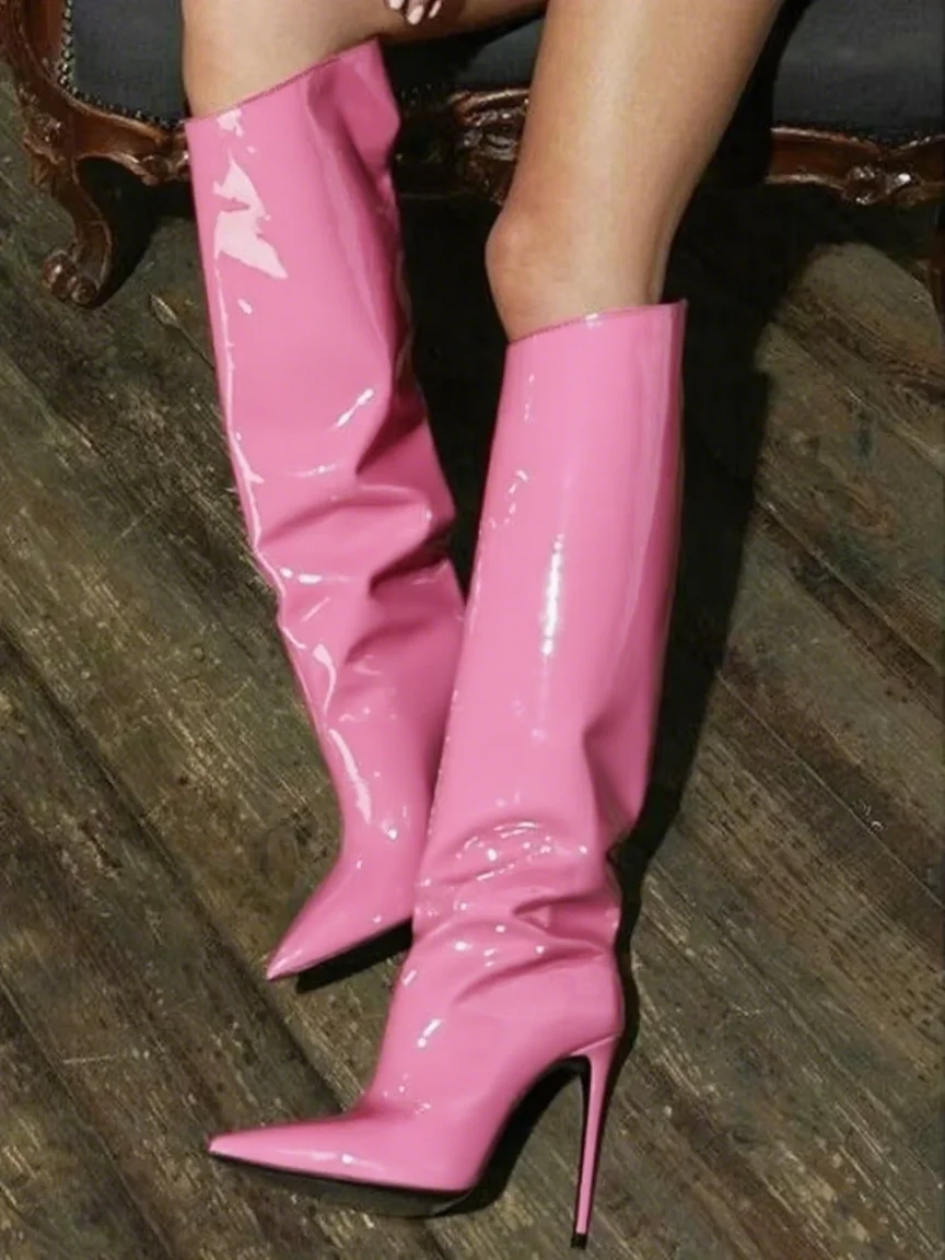 Patent Leather Beige Knee High - Women'S Fashion Leather Boots ulasan dan harga